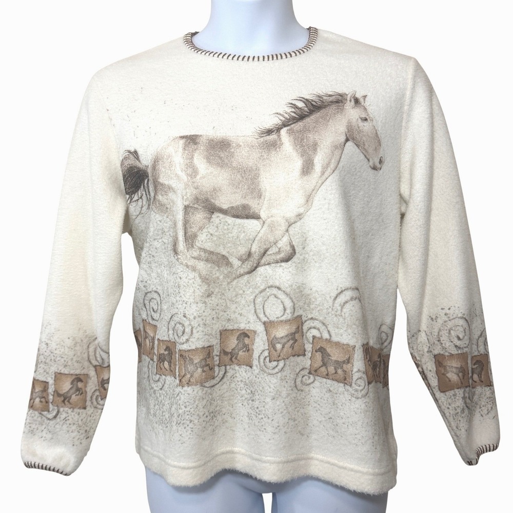 Vintage Horse Print Fleece Sweater Women XL Cream Artisans Equestrian farmcore